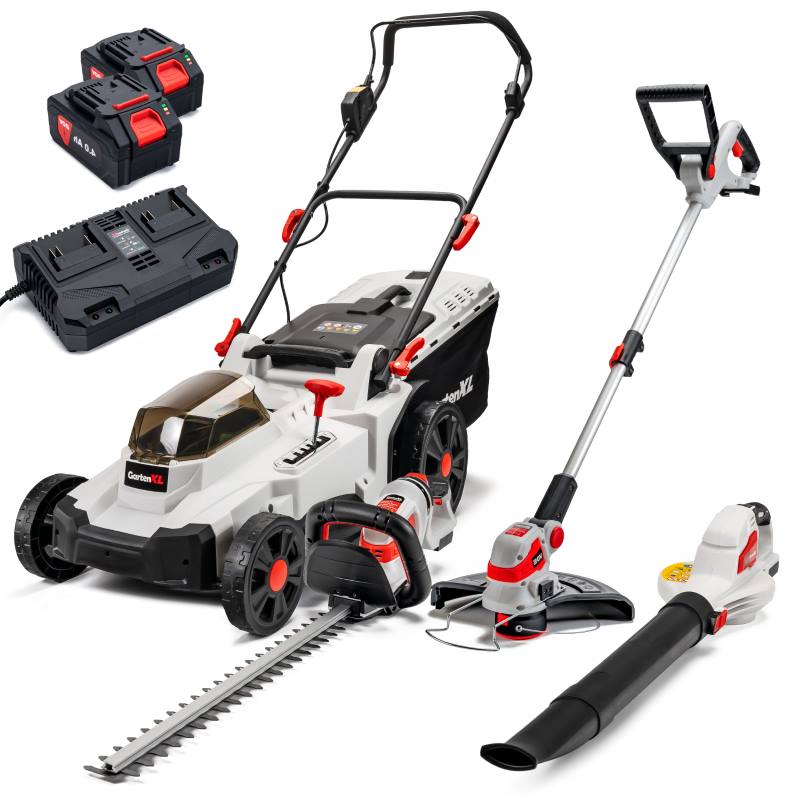 7u1: Kosilica (20V+20V) + 2x baterija 5Ah + Brzi punjač + Trimer + Škare za živicu + Puhač lišća